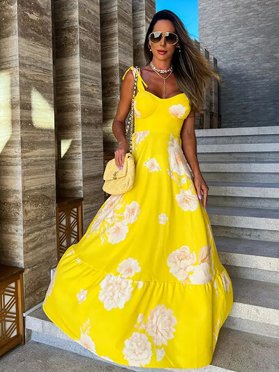 2024. aasta lilledega trükitud kollased kleidid naistele Elegantne varrukateta pikk kleit pühade pitsiline rüü Suvine Bodycon Vestidos Feminino