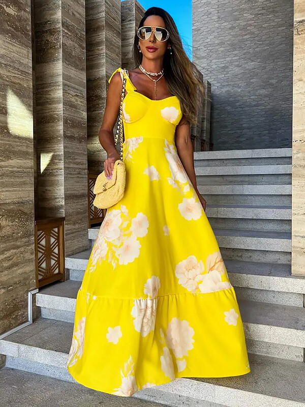 2024. aasta lilledega trükitud kollased kleidid naistele Elegantne varrukateta pikk kleit pühade pitsiline rüü Suvine Bodycon Vestidos Feminino