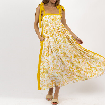 Pavasarinis laisvalaikio gėlių raštas, šventinė paplūdimio suknelė, moteriška Seksuali kvadratinė apykakle, surišama ilga suknelė Vasarinė laisva Boho suknelė be nugaros