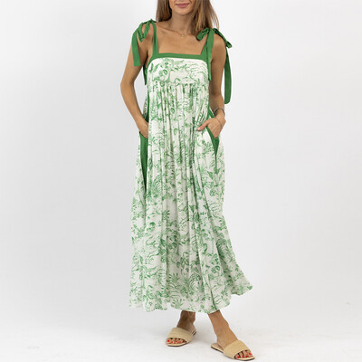 Pavasarinis laisvalaikio gėlių raštas, šventinė paplūdimio suknelė, moteriška Seksuali kvadratinė apykakle, surišama ilga suknelė Vasarinė laisva Boho suknelė be nugaros