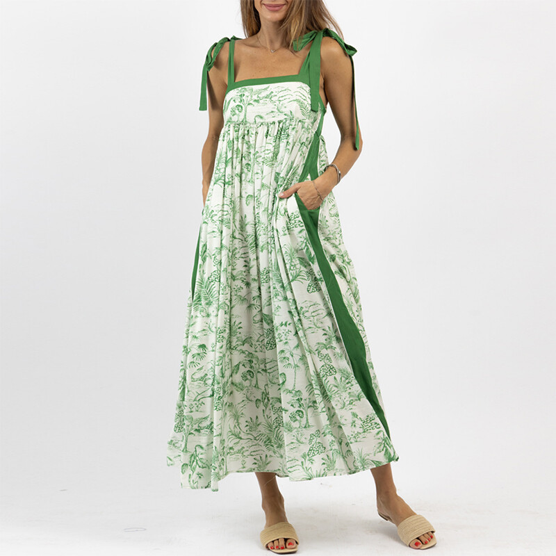 Pavasarinis laisvalaikio gėlių raštas, šventinė paplūdimio suknelė, moteriška Seksuali kvadratinė apykakle, surišama ilga suknelė Vasarinė laisva Boho suknelė be nugaros