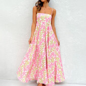 Femei, fără spate, talie înaltă, de vacanță, rochie în linie de vară, fără mâneci, cu imprimeu, rochie lungă, sexy, cu gât tăiat, rochie cu bretele spaghetti