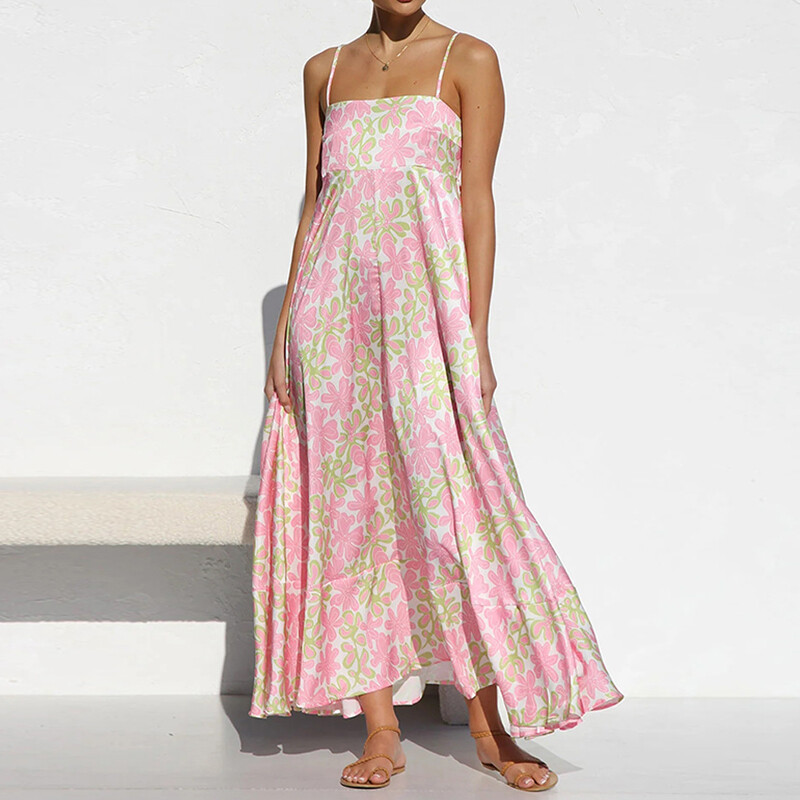 Femei, fără spate, talie înaltă, de vacanță, rochie în linie de vară, fără mâneci, cu imprimeu, rochie lungă, sexy, cu gât tăiat, rochie cu bretele spaghetti