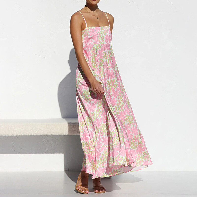 Femei, fără spate, talie înaltă, de vacanță, rochie în linie de vară, fără mâneci, cu imprimeu, rochie lungă, sexy, cu gât tăiat, rochie cu bretele spaghetti