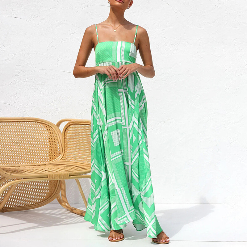 Femei, fără spate, talie înaltă, de vacanță, rochie în linie de vară, fără mâneci, cu imprimeu, rochie lungă, sexy, cu gât tăiat, rochie cu bretele spaghetti