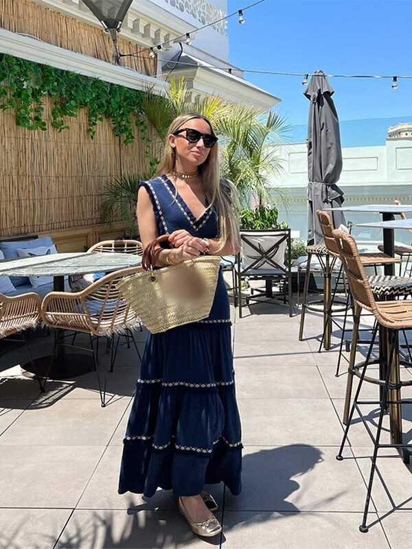 Rochie midi vintage șic cu volane îmbinate pentru femei, la modă, cu decolteu în V, fără mâneci, cu talie înaltă, rochii de club de petrecere pentru femei 2024