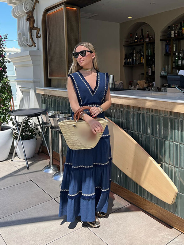 Rochie midi vintage șic cu volane îmbinate pentru femei, la modă, cu decolteu în V, fără mâneci, cu talie înaltă, rochii de club de petrecere pentru femei 2024