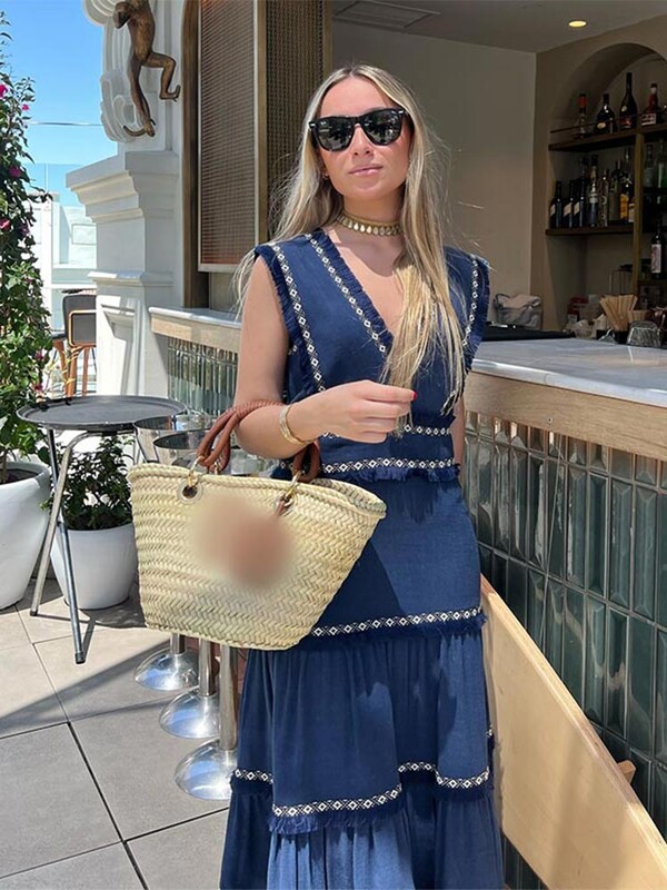 Rochie midi vintage șic cu volane îmbinate pentru femei, la modă, cu decolteu în V, fără mâneci, cu talie înaltă, rochii de club de petrecere pentru femei 2024