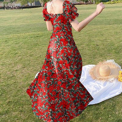 ZANZEA Bohemian Women Floral Print Maxi Kleit 2024 Suvepuhkuse kleidid Peo ruudu kaelusega päikesekleit Lühike puhvis varrukatega Vestidos