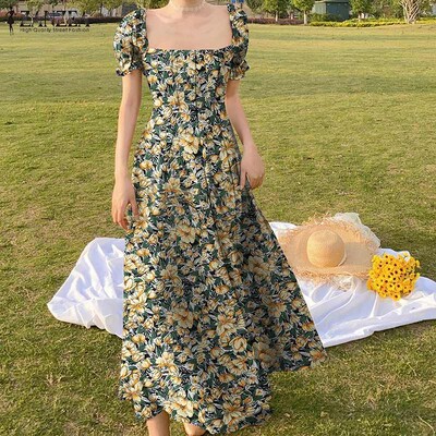 ZANZEA Bohemian Women Floral Print Maxi Kleit 2024 Suvepuhkuse kleidid Peo ruudu kaelusega päikesekleit Lühike puhvis varrukatega Vestidos