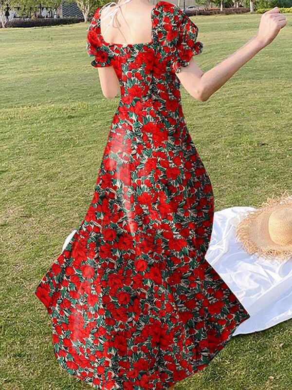 ZANZEA Bohemian Women Floral Print Maxi Kleit 2024 Suvepuhkuse kleidid Peo ruudu kaelusega päikesekleit Lühike puhvis varrukatega Vestidos
