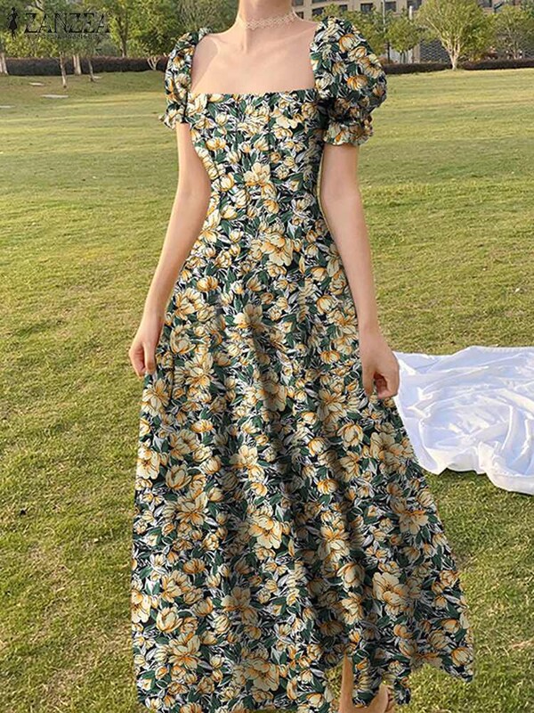 ZANZEA Bohemian Women Floral Print Maxi Kleit 2024 Suvepuhkuse kleidid Peo ruudu kaelusega päikesekleit Lühike puhvis varrukatega Vestidos
