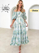 2024. aasta suvemood Uus värske ja elegantne naiste õlgade prindiga üherealine kaelus, seksikas mullvarrukatega pikk pühadekleit