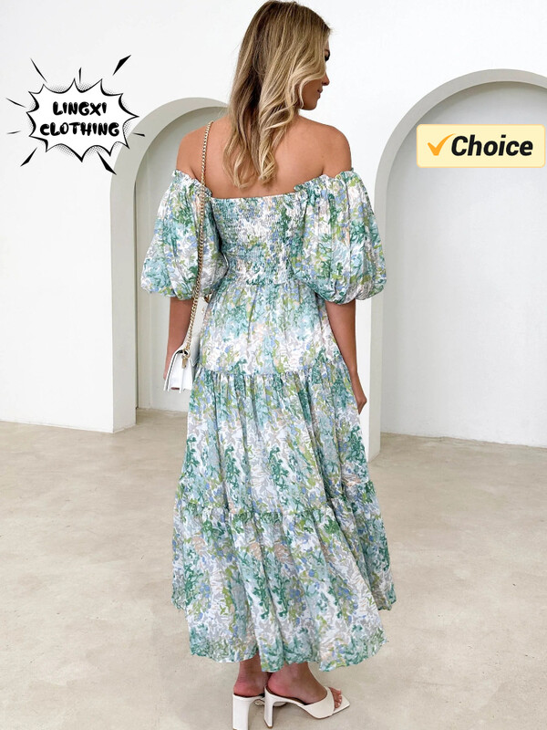 2024. aasta suvemood Uus värske ja elegantne naiste õlgade prindiga üherealine kaelus, seksikas mullvarrukatega pikk pühadekleit