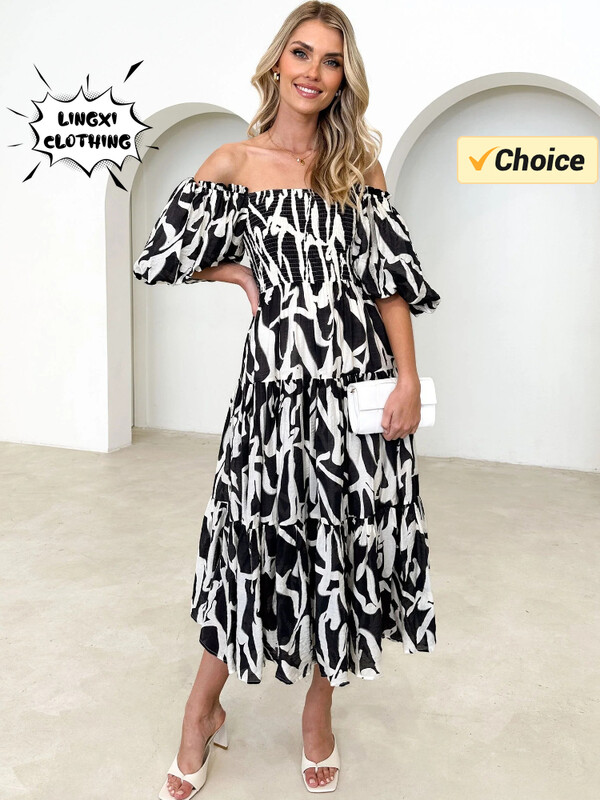 2024. aasta suvemood Uus värske ja elegantne naiste õlgade prindiga üherealine kaelus, seksikas mullvarrukatega pikk pühadekleit