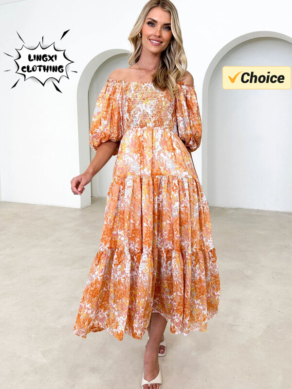 2024. aasta suvemood Uus värske ja elegantne naiste õlgade prindiga üherealine kaelus, seksikas mullvarrukatega pikk pühadekleit