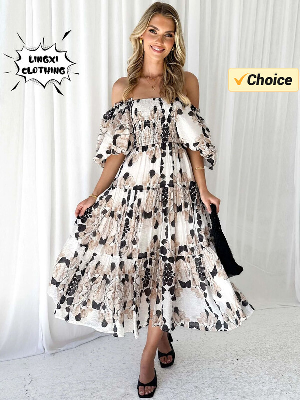 2024. aasta suvemood Uus värske ja elegantne naiste õlgade prindiga üherealine kaelus, seksikas mullvarrukatega pikk pühadekleit