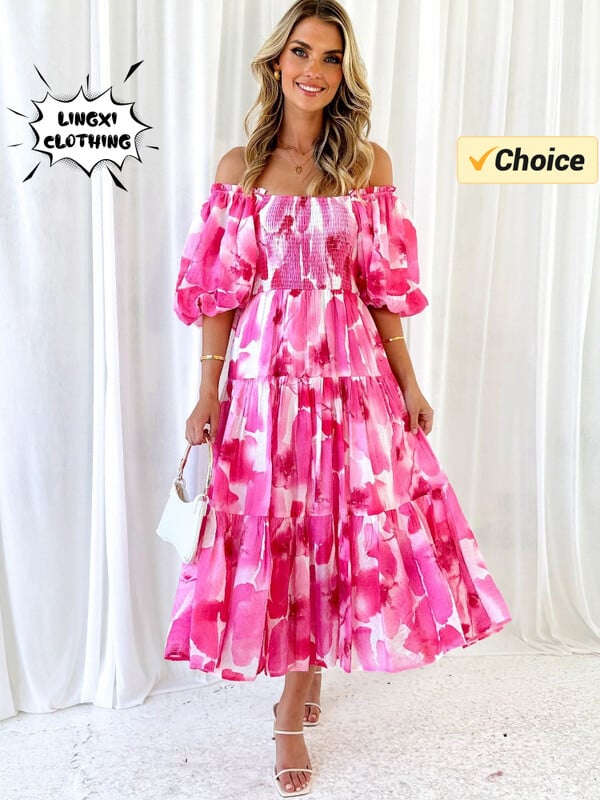 2024. aasta suvemood Uus värske ja elegantne naiste õlgade prindiga üherealine kaelus, seksikas mullvarrukatega pikk pühadekleit