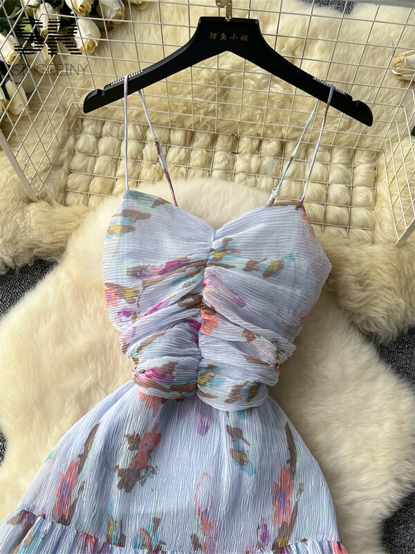 SINGREINY Ženska ljetna haljina u francuskom stilu, bez rukava, bez naramenica, dizajn patentnog zatvarača, ženska haljina za odmor s cvjetnim naborima