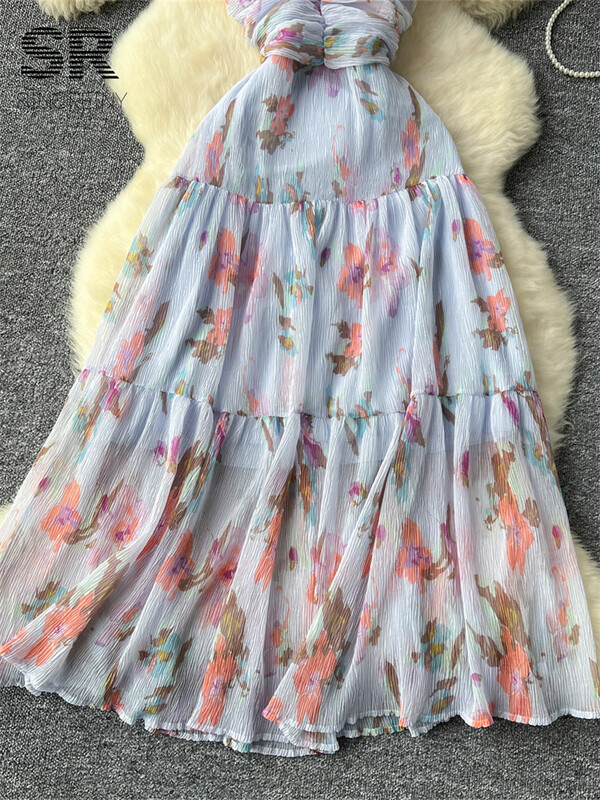 SINGREINY Ženska ljetna haljina u francuskom stilu, bez rukava, bez naramenica, dizajn patentnog zatvarača, ženska haljina za odmor s cvjetnim naborima