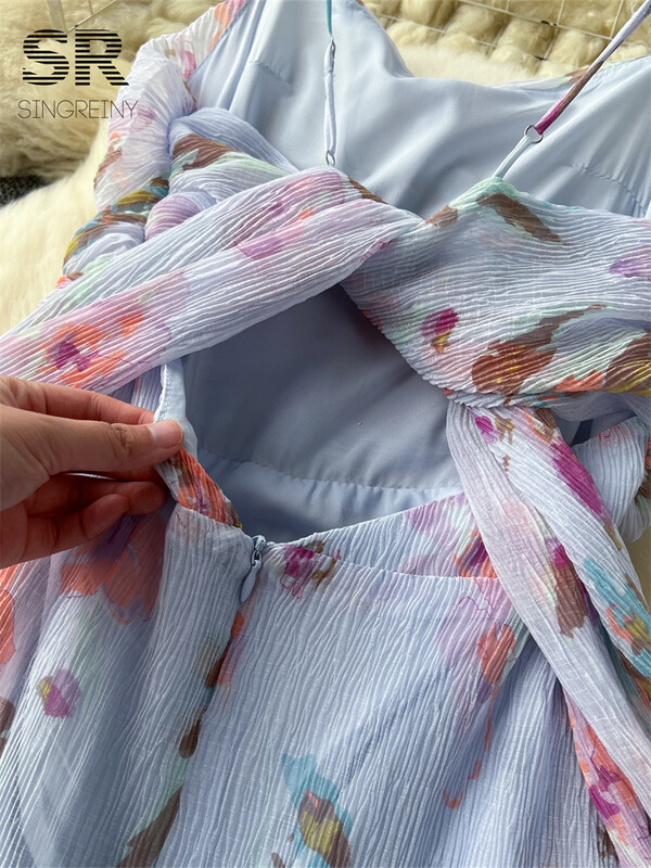 SINGREINY Ženska ljetna haljina u francuskom stilu, bez rukava, bez naramenica, dizajn patentnog zatvarača, ženska haljina za odmor s cvjetnim naborima