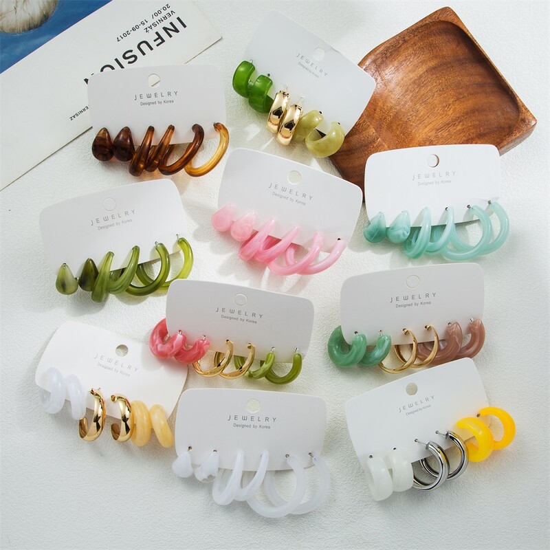 Trendikad akrüülist geomeetrilised kõrvarõngaste komplektid naistele Vintage Bohemia värvilised akrüülist C-kujulised kõrvarõngad moeehted kingitused