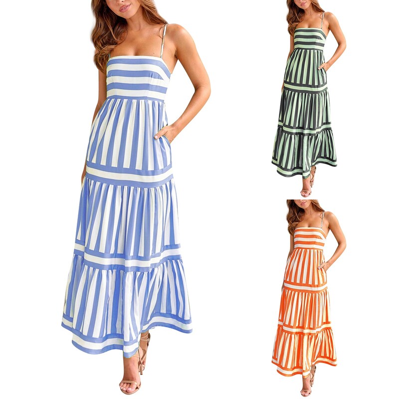 Stripe elegantsed seksikad õhtukleidid varrukateta pahkluuni ulatuvad õhtukleidid suure äärisega Vestidos De Fiesta