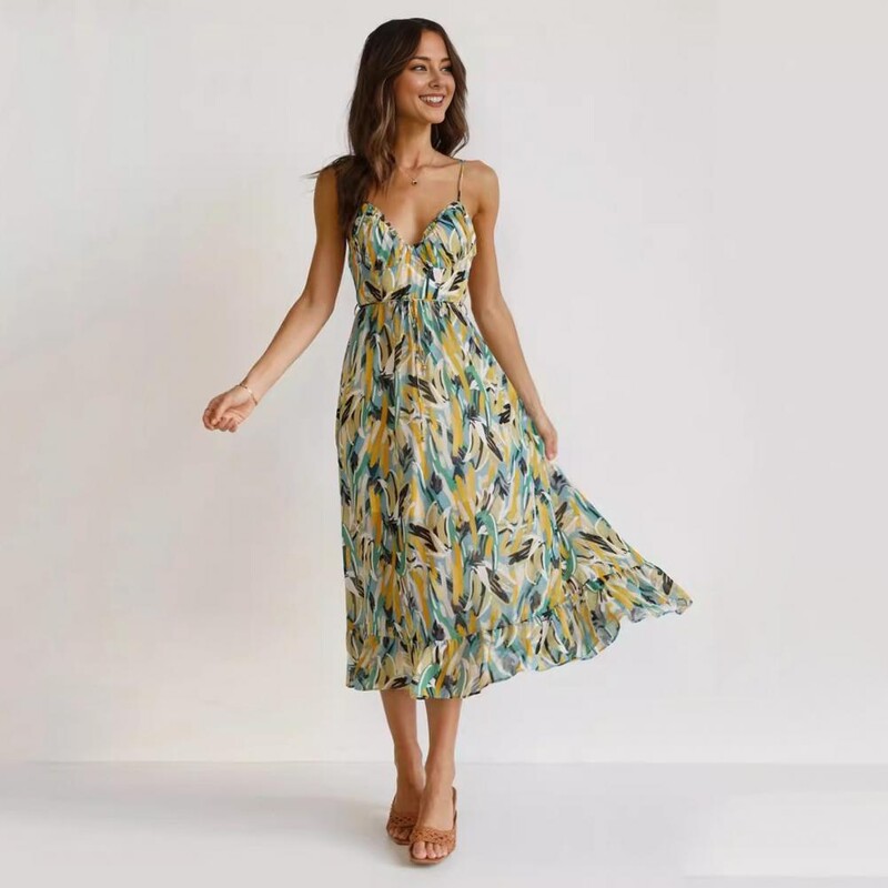 Naiste libisemiskleit värvilise printiga V-kaelusega rannakleit, seljaga tõmblukuga spagetid rihmad puhkuseks mõeldud päikesekleit suvepuhkuseks.