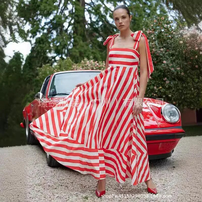 Elegantne triibuline naiste pitsiline maksikleit, moodne ruudukujuline kaelus seljata A-kujulised kleidid 2024. aasta suvised naiste vabaaja tänavamantlid