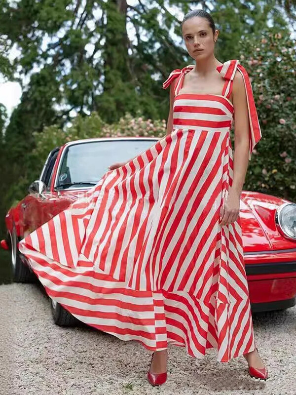 Elegantne triibuline naiste pitsiline maksikleit, moodne ruudukujuline kaelus seljata A-kujulised kleidid 2024. aasta suvised naiste vabaaja tänavamantlid