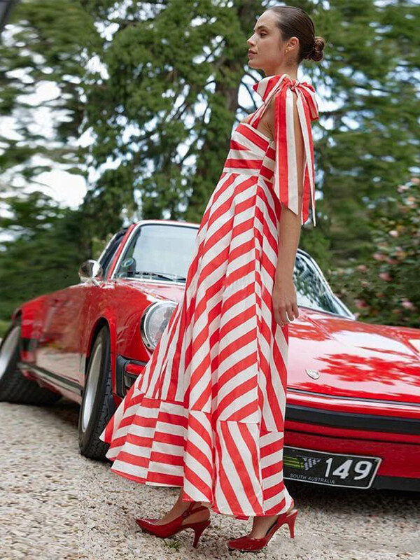 Elegantne triibuline naiste pitsiline maksikleit, moodne ruudukujuline kaelus seljata A-kujulised kleidid 2024. aasta suvised naiste vabaaja tänavamantlid