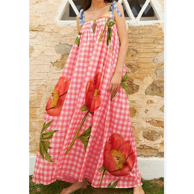 Lamuusaa Puhkusekleit Naistele Suvine lilleline ruuduline printimine Väljalõigatud kaelusega varrukateta lendavad kleidid y2k rannapeokleidid