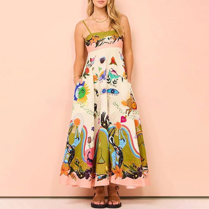 Ljetne lanene cvjetne maksi haljine za žene 2024. Seksi sarafani bez leđa A kroja Elegantne večernje haljine za zabavu Ženska ležerna haljina za plažu