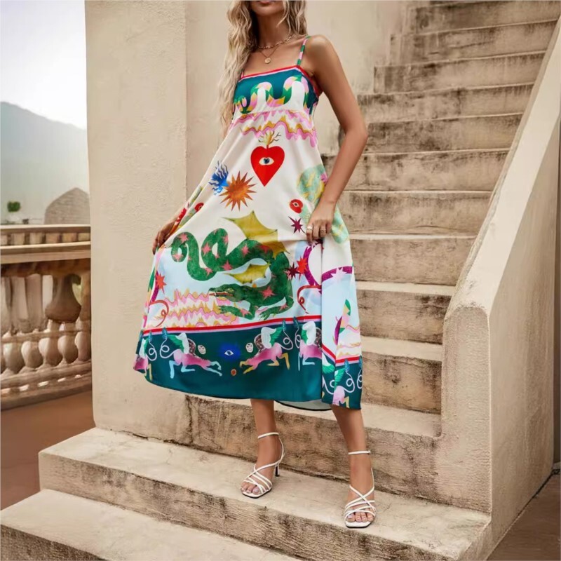 Moterų vasaros laisvalaikio meilės spausdintos suknelės Seksualios pakabinamos medvilnės ir kanapinės spalvos ilga suknelė Madingi berankoviai dideli drabužiai