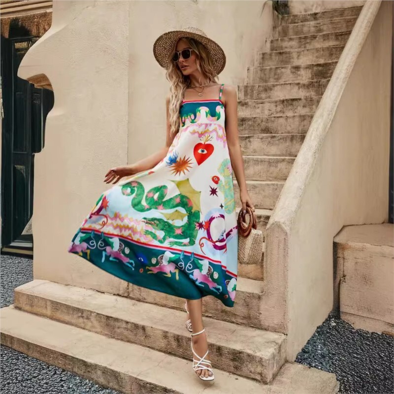Moterų vasaros laisvalaikio meilės spausdintos suknelės Seksualios pakabinamos medvilnės ir kanapinės spalvos ilga suknelė Madingi berankoviai dideli drabužiai