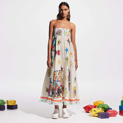 Madinga spausdinta suknele, skirta moterims, laisvalaikio kvadratinė apykakle, be rankovių, be nugarų moteriškos maksimalios suknelės 2024 m. Vasaros, Naujas, elegantiškas moteriškas chalatas