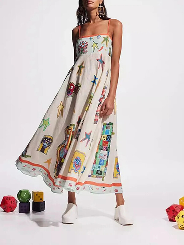 Madinga spausdinta suknele, skirta moterims, laisvalaikio kvadratinė apykakle, be rankovių, be nugarų moteriškos maksimalios suknelės 2024 m. Vasaros, Naujas, elegantiškas moteriškas chalatas