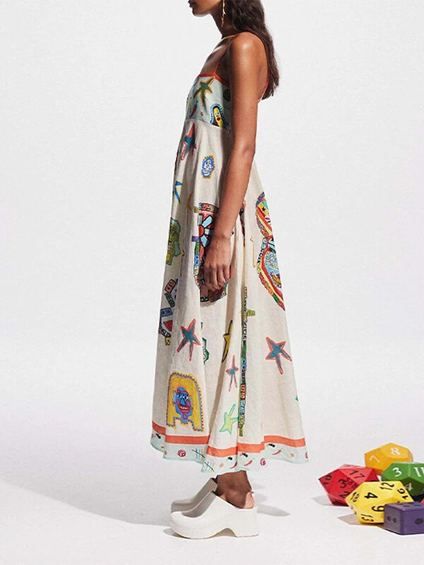 Madinga spausdinta suknele, skirta moterims, laisvalaikio kvadratinė apykakle, be rankovių, be nugarų moteriškos maksimalios suknelės 2024 m. Vasaros, Naujas, elegantiškas moteriškas chalatas