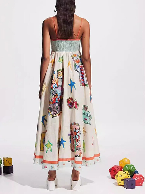 Madinga spausdinta suknele, skirta moterims, laisvalaikio kvadratinė apykakle, be rankovių, be nugarų moteriškos maksimalios suknelės 2024 m. Vasaros, Naujas, elegantiškas moteriškas chalatas