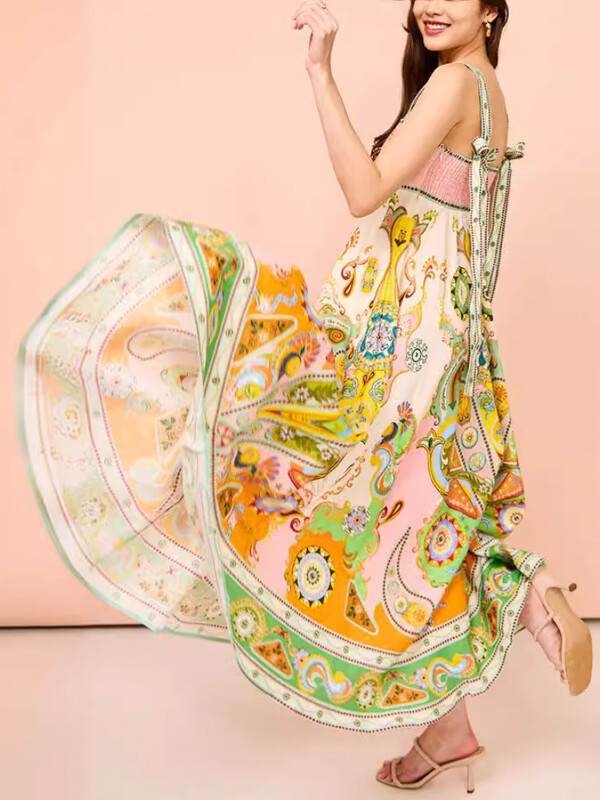 2024. aasta suvemoodsad ja elegantsed naiste puhkusestiilis pikad kleidid seksika trükitud varrukateta suure swingseelikuga