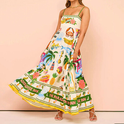 Ruffle Midi Γυναικείο φόρεμα Y2k Graphic Cute A Line Graffiti Print Μακριά Φορέματα Cami Flowy Sundress Vintage Clubwear Vacation Boho