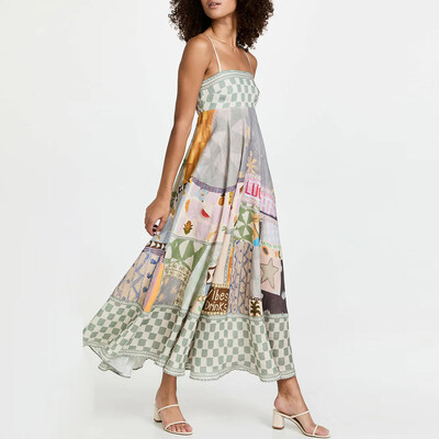 Καλοκαιρινό φόρεμα με ψηλόμεσο λαιμόκοψη Κομψό αμάνικο μοτίβο εκτύπωσης φόρεμα A-line 2024 Φόρεμα διακοπών με μεγάλο στρίφωμα εξώπλατο