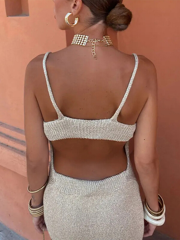 Ženske šik haljine za zabave s metalnim prstenom, pletena ljetna haljina bez rukava bez leđa, 2024. Novi ženski ogrtači za zabavu