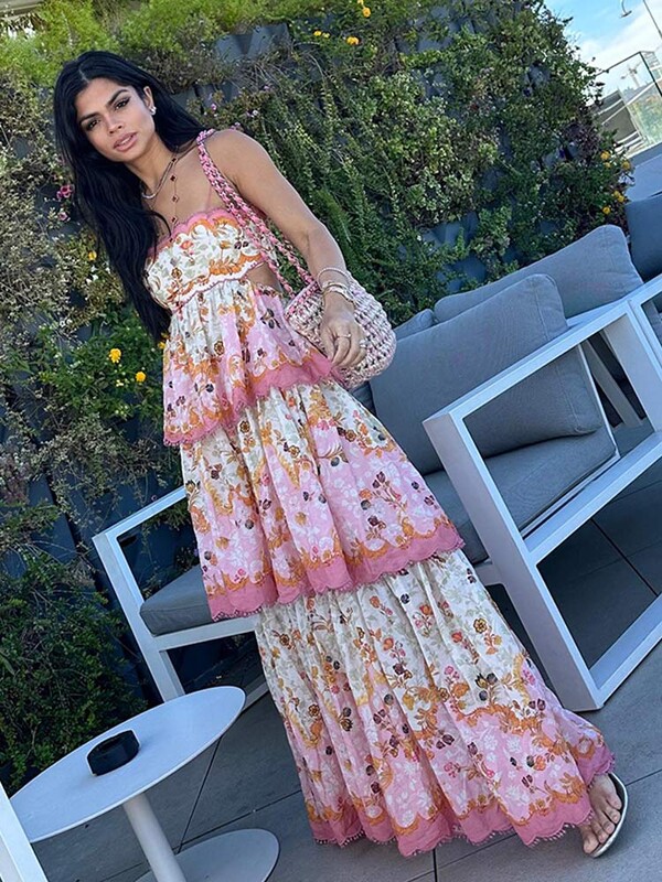 Elegantne duge haljine s otisnutim volanima, duge ženske haljine s izdubljenim leđima, bez leđa, dugi ogrtači Modna ženska ulična odjeća za zabavu na odmoru