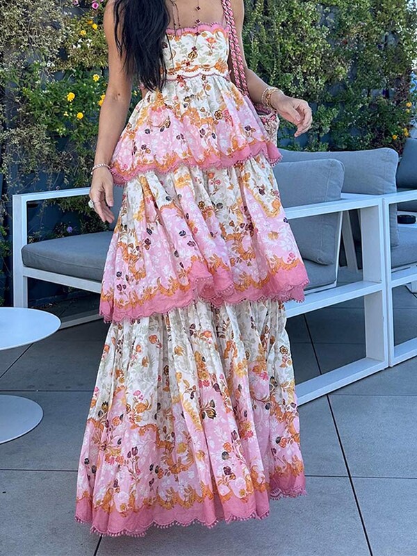 Elegantne duge haljine s otisnutim volanima, duge ženske haljine s izdubljenim leđima, bez leđa, dugi ogrtači Modna ženska ulična odjeća za zabavu na odmoru