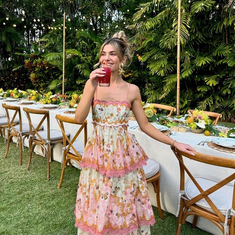 Elegantne duge haljine s otisnutim volanima, duge ženske haljine s izdubljenim leđima, bez leđa, dugi ogrtači Modna ženska ulična odjeća za zabavu na odmoru