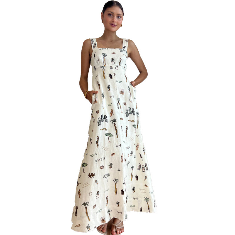 Rochie de in la modă și personalizată cu imprimeu graffiti, cu bretele, rochie sexy cu dantelă fără spate, fustă lungă pentru femei