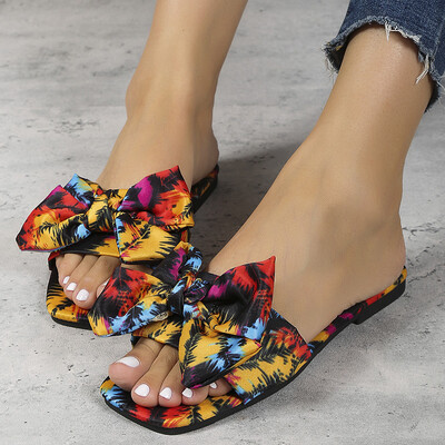 Vasaros moteriškos šlepetės su lanku, plokščios lauko paplūdimio basutės, moteriškos čiuožyklos 2023 m. Korėjos tendencija, moteriškos šlepetės, didelis 43 dydis