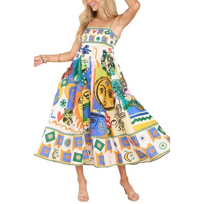 Naiste vabaajakleit Inss vabaaja kleit Euroopa ja Ameerika kevadsuvi uus seksikas supendariga printiga kleit