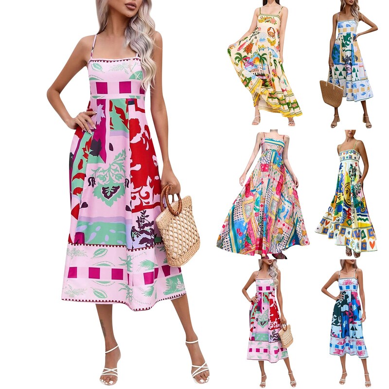 Naiste vabaajakleit Inss vabaaja kleit Euroopa ja Ameerika kevadsuvi uus seksikas supendariga printiga kleit